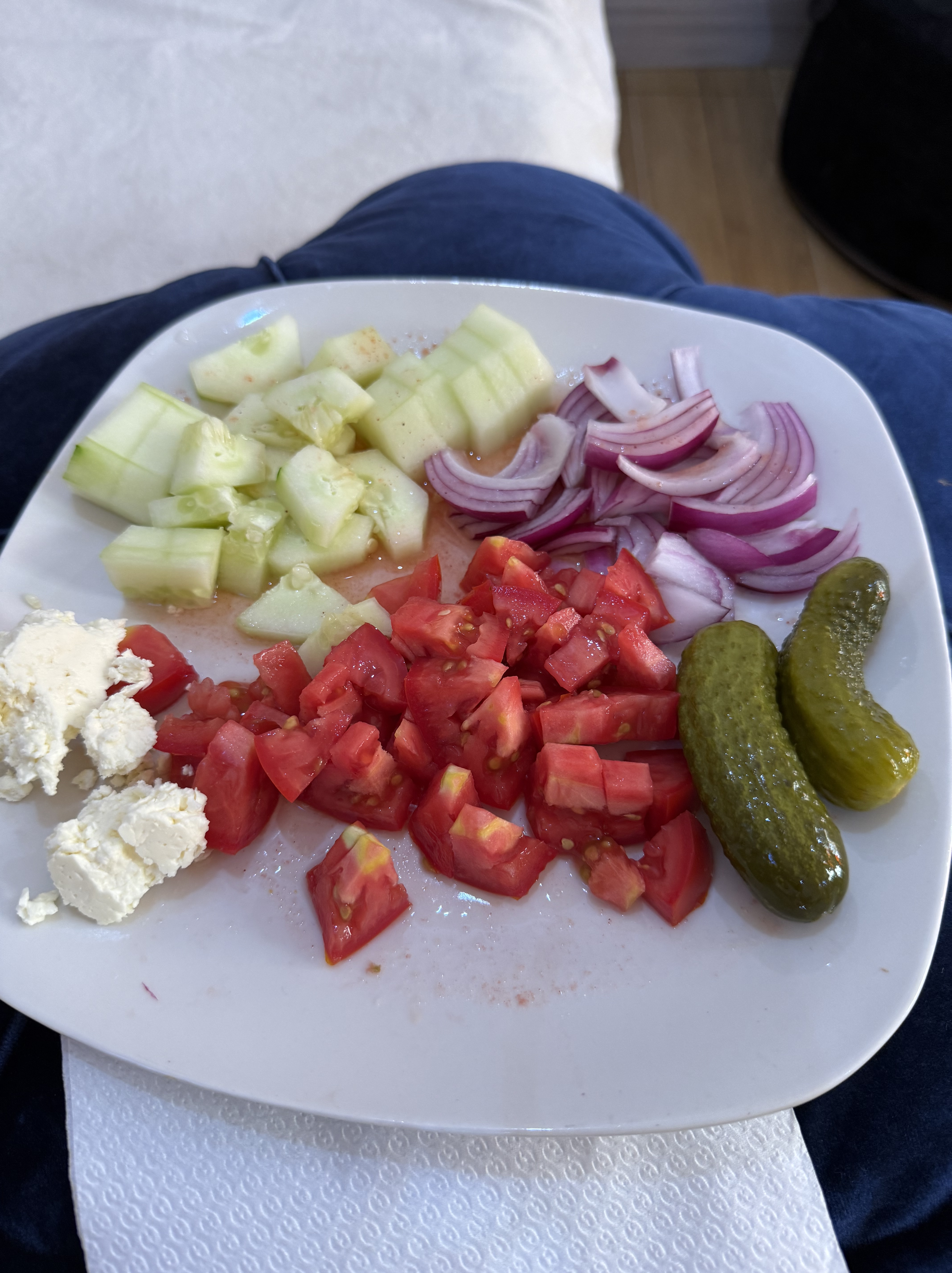 Plate of cut up cucumbers, tomatoes, red onions, feta cheese, and pickles